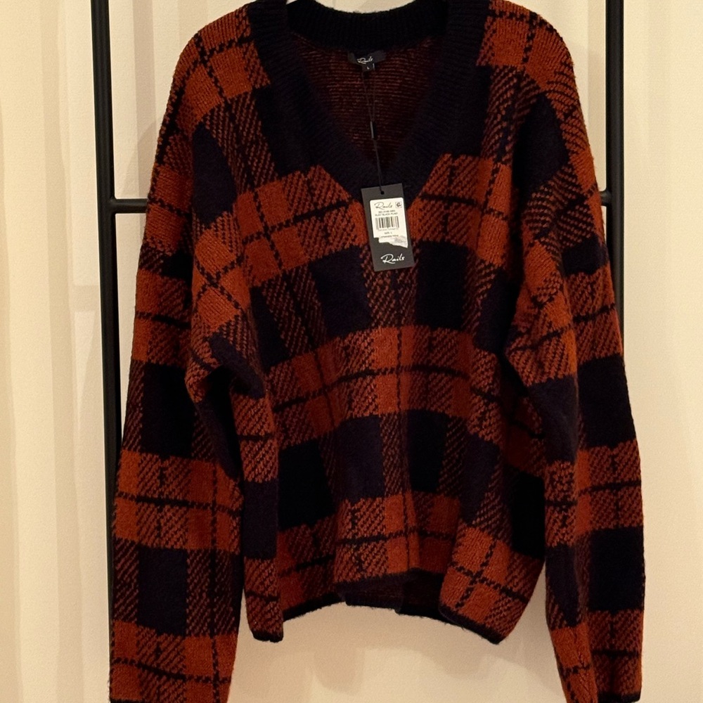 Rails Black and Rust Plaid V-Neck Sweater